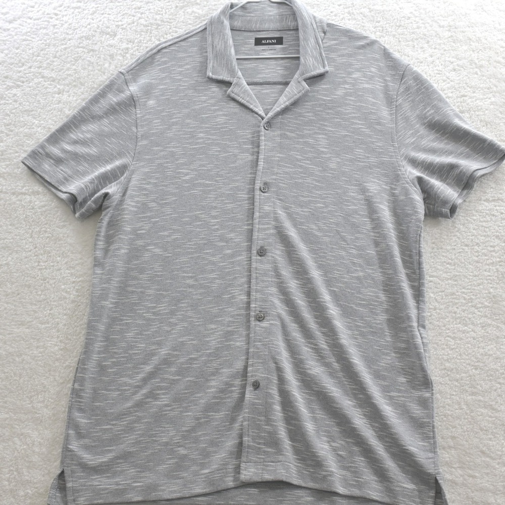Alfani Mens SS Knit Camp Co Shirt Lead Statue Grey Space Dye Large
